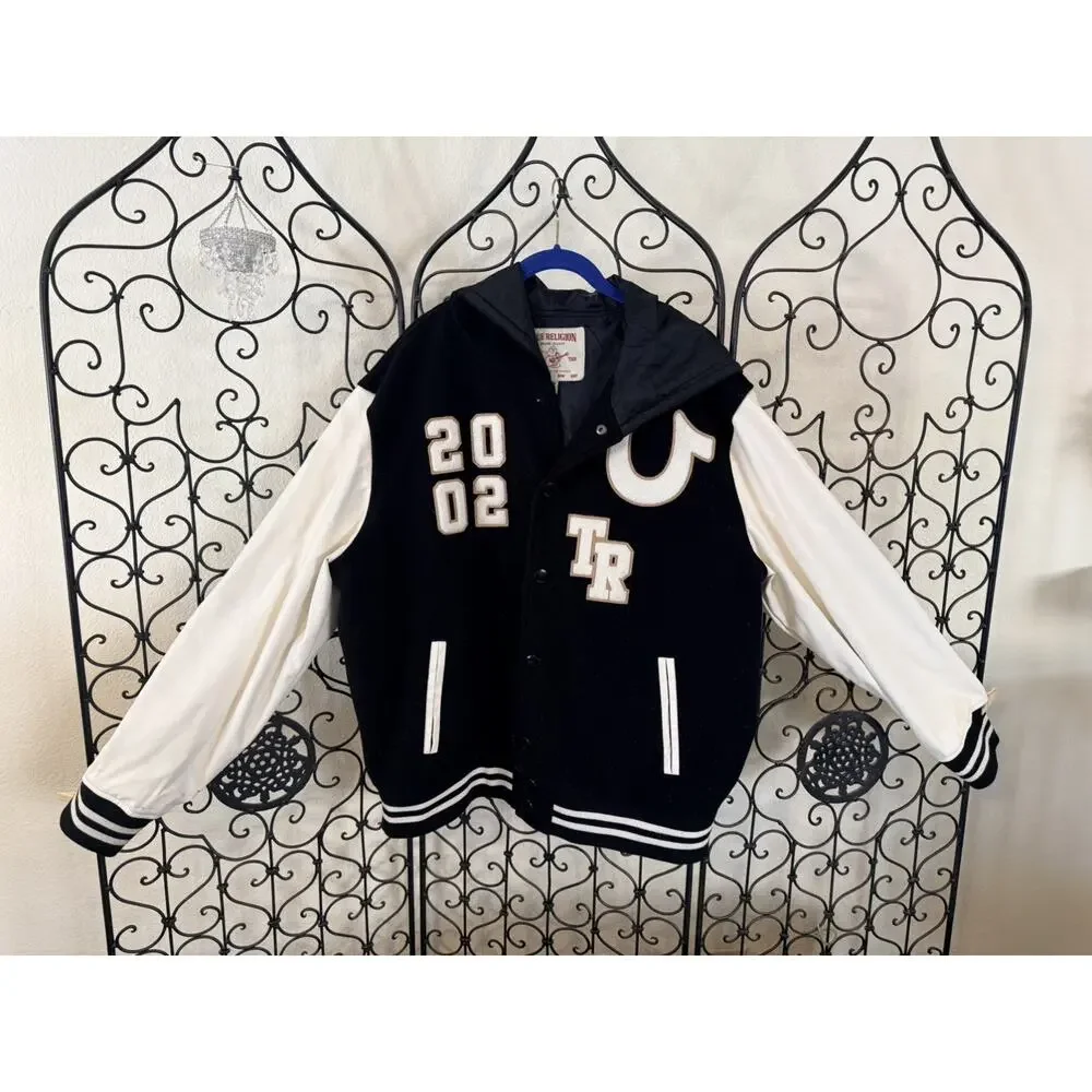 True Religion Men's Black White Varsity Jacket Hooded Button Logo Accents - XL